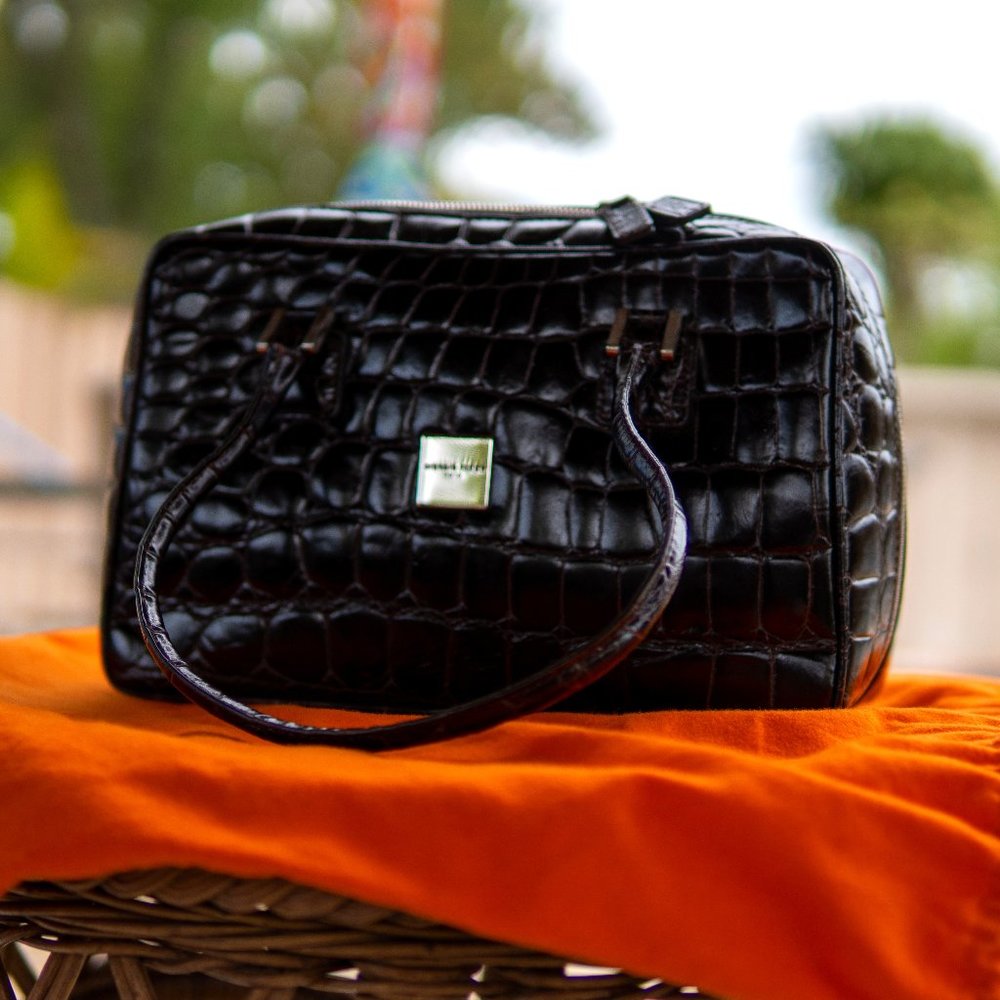 GIORGIO FEDON 1919 Black CROCODILE Embossed LEATHER Satchel BAG Italy
